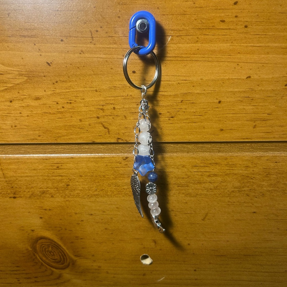 Blue and White Beaded Keychain with Wing Charm